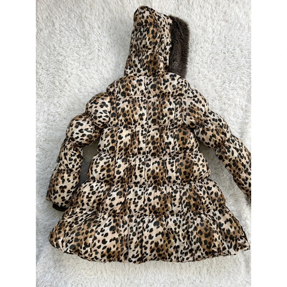 Lands End Kids Streetwear Leopard Print Hooded‎ Puffer Coat Faux Fur Trim L 14
